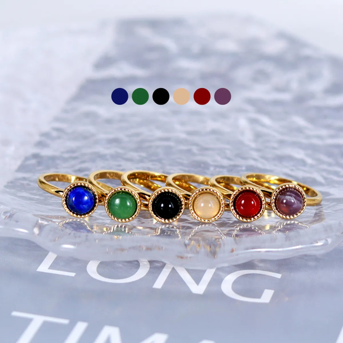 Simple Style Round Titanium Steel Plating Inlay Natural Stone Agate 18k Gold Plated Rings