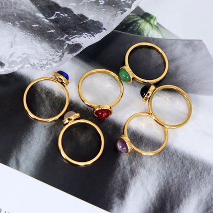 Simple Style Round Titanium Steel Plating Inlay Natural Stone Agate 18k Gold Plated Rings