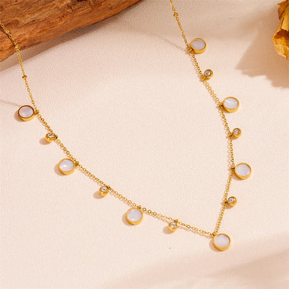 Simple Style Round Titanium Steel Plating Inlay Rhinestones Shell 18k Gold Plated Pendant Necklace