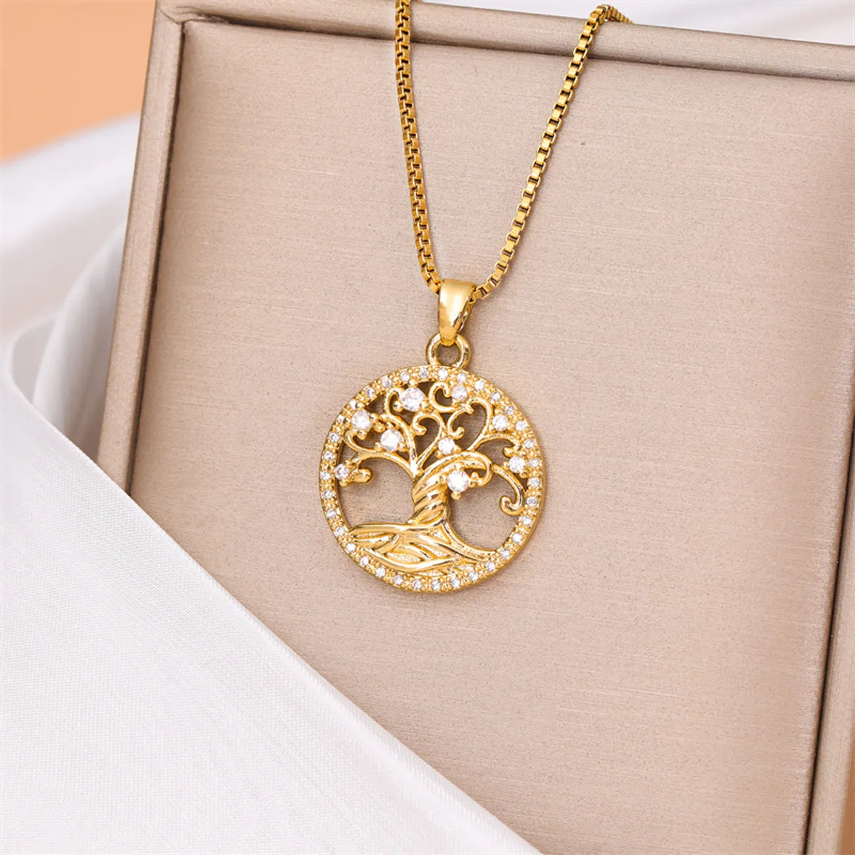 Stainless Steel Titanium Steel 18K Gold Plated Simple Style Plating Inlay Round Tree Zircon Pendant Necklace