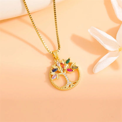 Stainless Steel Titanium Steel 18K Gold Plated Simple Style Plating Inlay Round Tree Zircon Pendant Necklace