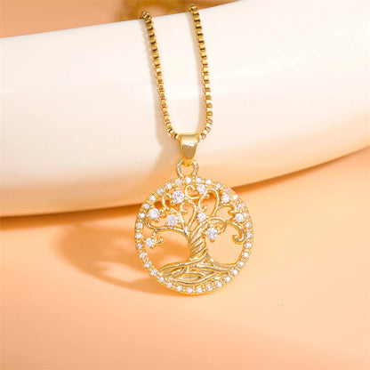 Stainless Steel Titanium Steel 18K Gold Plated Simple Style Plating Inlay Round Tree Zircon Pendant Necklace