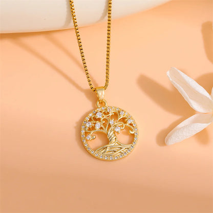 Stainless Steel Titanium Steel 18K Gold Plated Simple Style Plating Inlay Round Tree Zircon Pendant Necklace