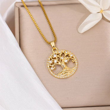 Stainless Steel Titanium Steel 18K Gold Plated Simple Style Plating Inlay Round Tree Zircon Pendant Necklace