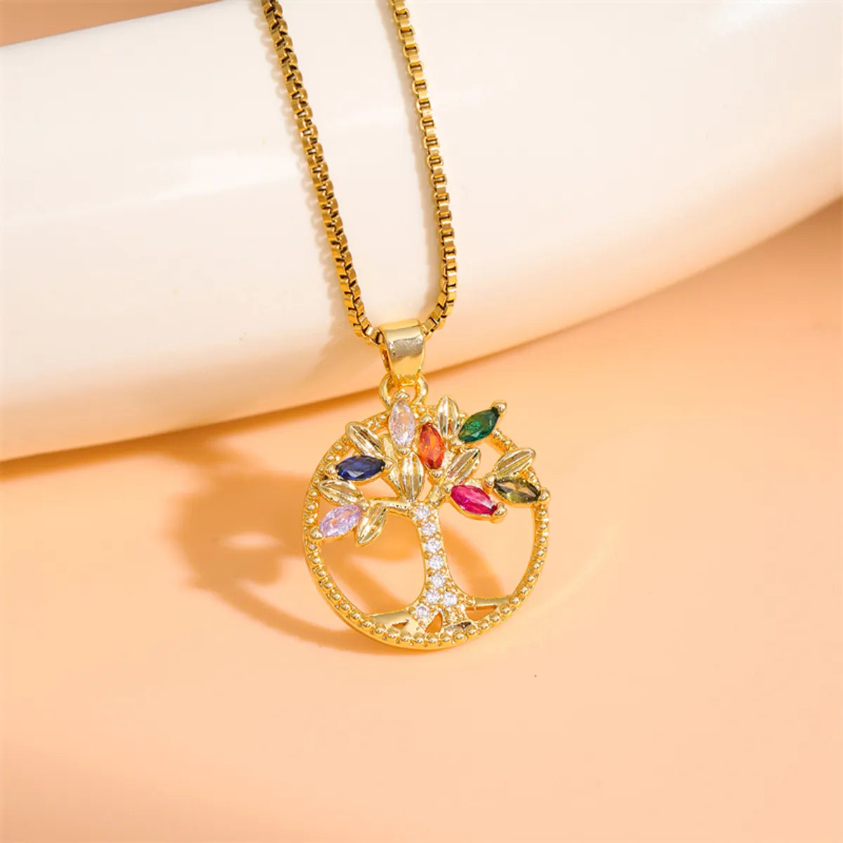 Stainless Steel Titanium Steel 18K Gold Plated Simple Style Plating Inlay Round Tree Zircon Pendant Necklace