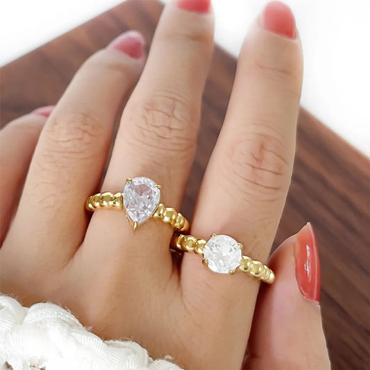 Simple Style Round Water Droplets Stainless Steel Plating Inlay Zircon 18k Gold Plated Rings