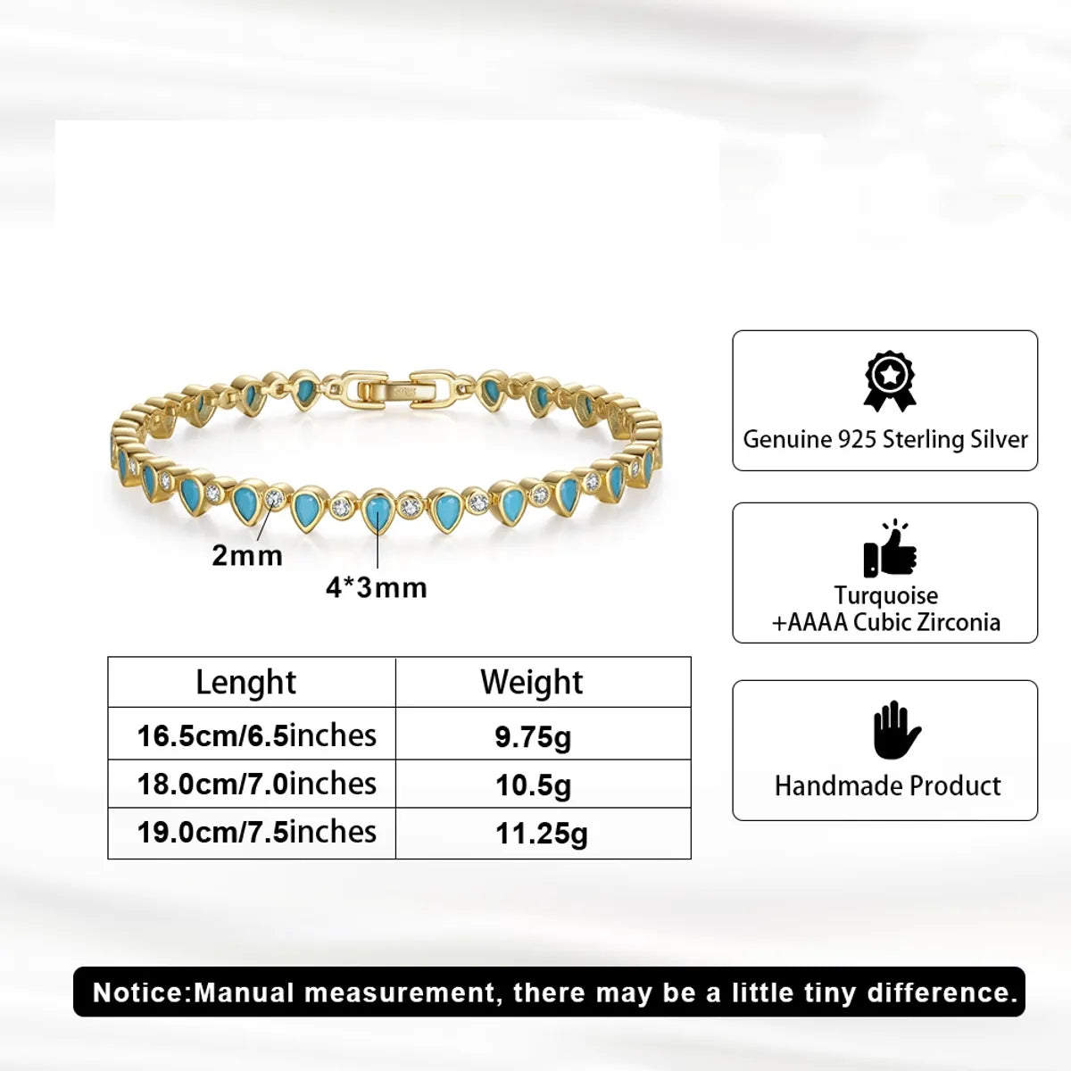 Simple Style Round Water Droplets Sterling Silver Plating Inlay Turquoise Zircon 14k Gold Plated White Gold Plated Tennis Bracelet