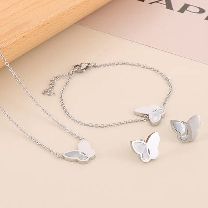 Wholesale Jewelry Simple Style Shiny Butterfly Titanium Steel Shell 18K Gold Plated Plating Inlay Bracelets Earrings Necklace