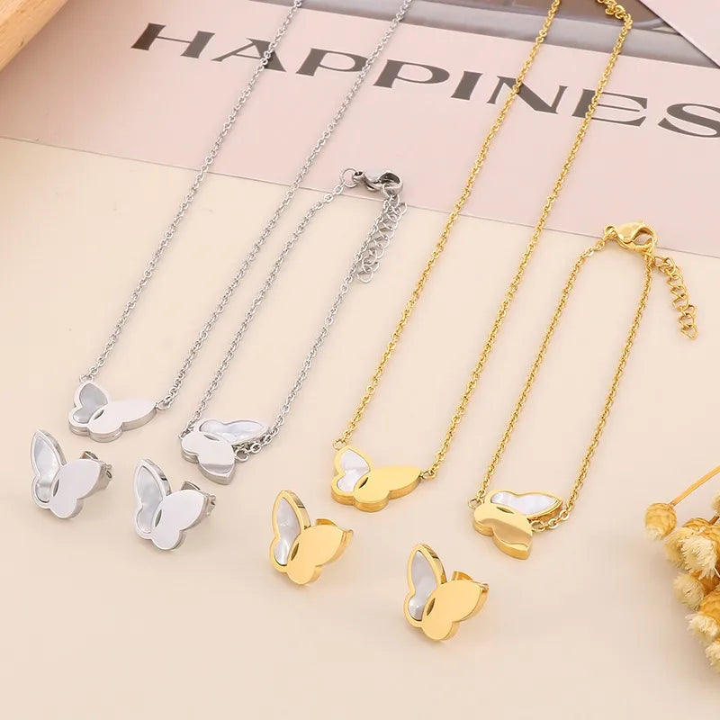 Wholesale Jewelry Simple Style Shiny Butterfly Titanium Steel Shell 18K Gold Plated Plating Inlay Bracelets Earrings Necklace