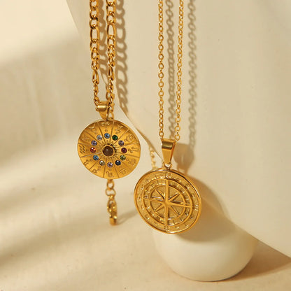 Simple Style Shiny Compass Constellation Stainless Steel Plating Zircon 18k Gold Plated Pendant Necklace