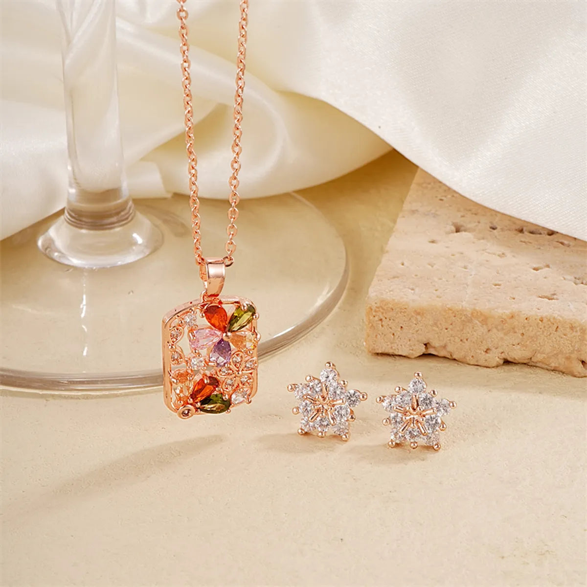 Simple Style Shiny Geometric Copper Plating Inlay Zircon Rose Gold Plated Silver Plated Earrings Necklace Jewelry Set