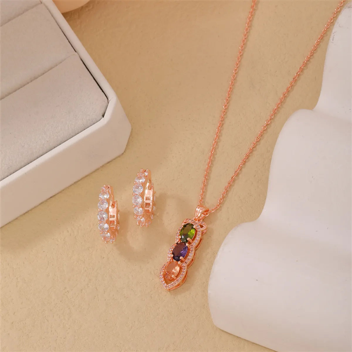 Simple Style Shiny Geometric Copper Plating Inlay Zircon Rose Gold Plated Silver Plated Earrings Necklace Jewelry Set