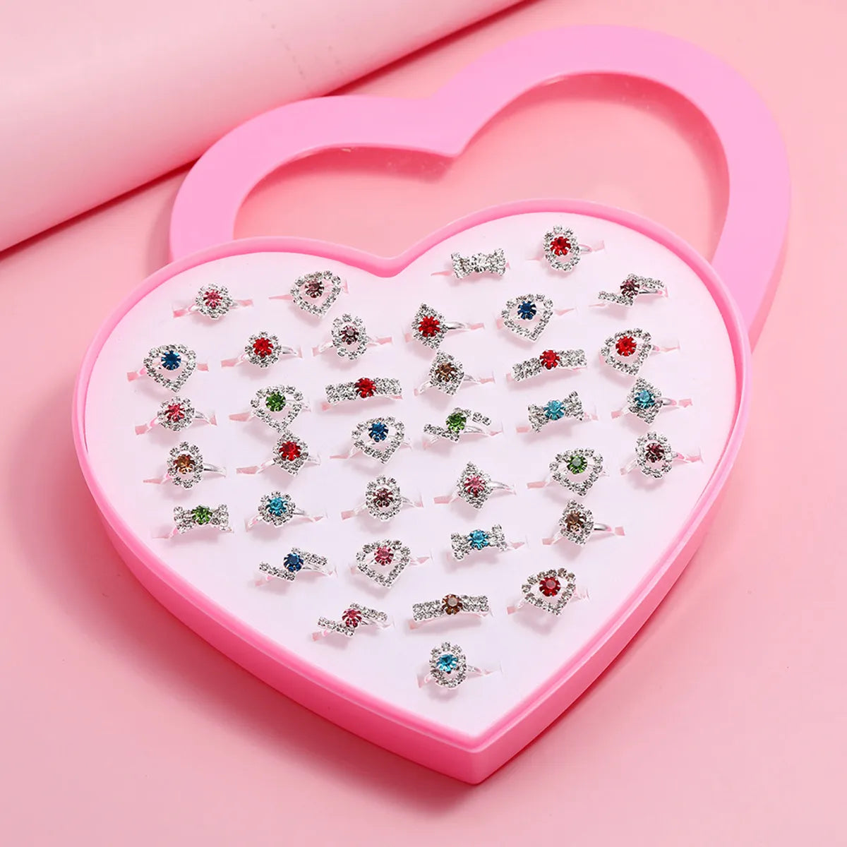 Simple Style Shiny Heart Shape Metal Inlay Rhinestones Girl'S Open Rings