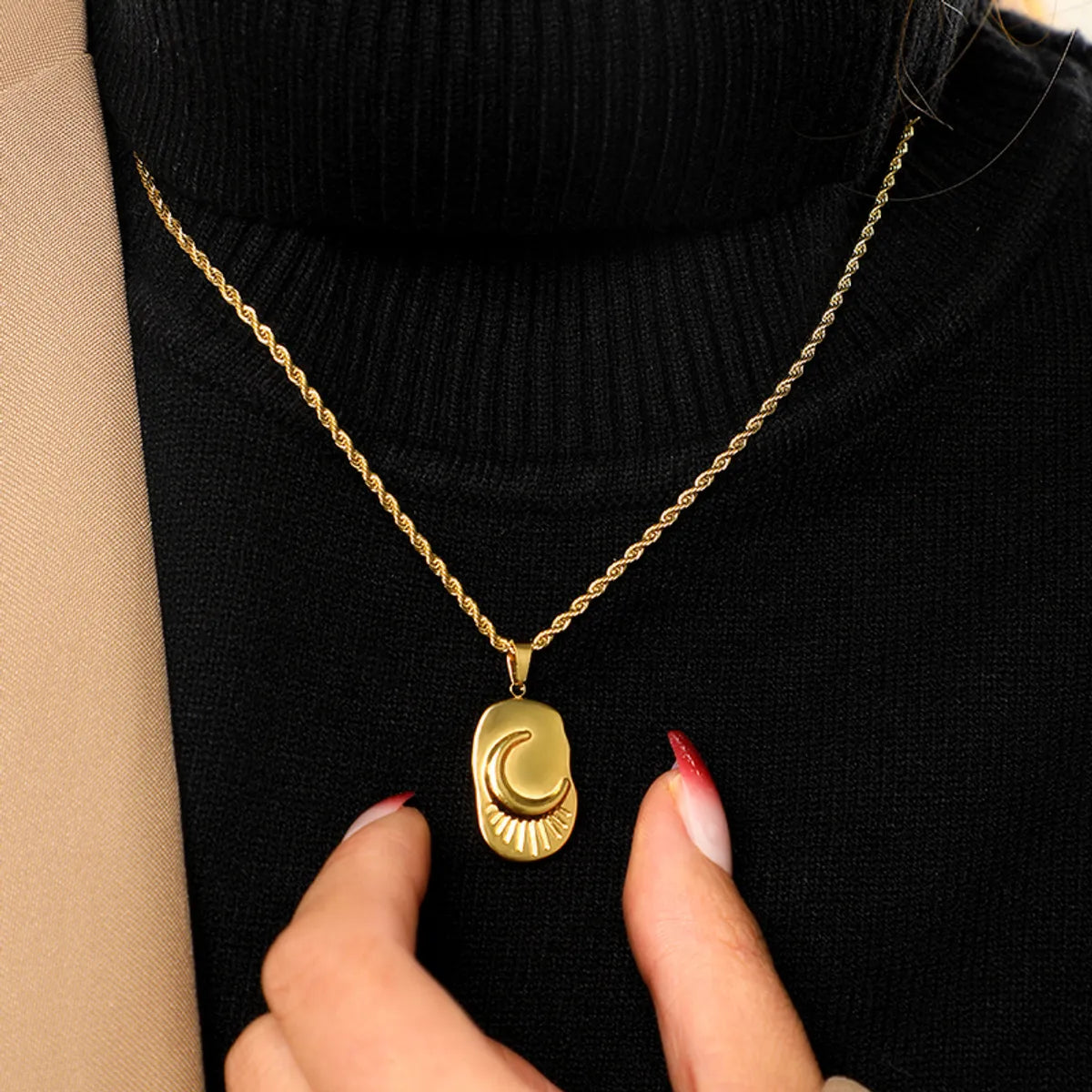 Simple Style Shiny Moon Stainless Steel Polishing Enamel Plating 18k Gold Plated Pendant Necklace