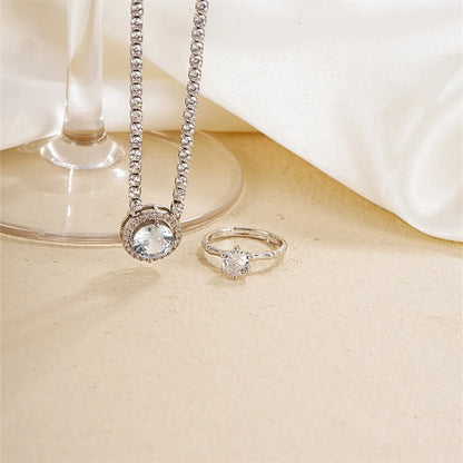 Simple Style Shiny Round Copper Plating Inlay Zircon Silver Plated Rings Necklace