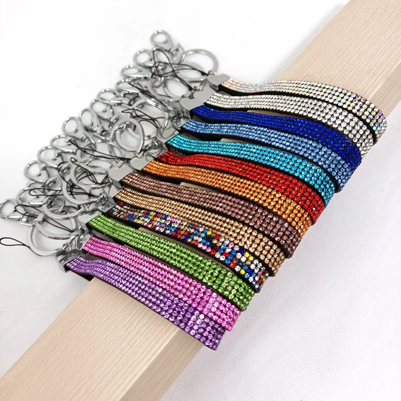 Simple Style Shiny Solid Color Polyester Metal Button High Elastic Cotton Inlay Rhinestones Mobile Phone Lanyard