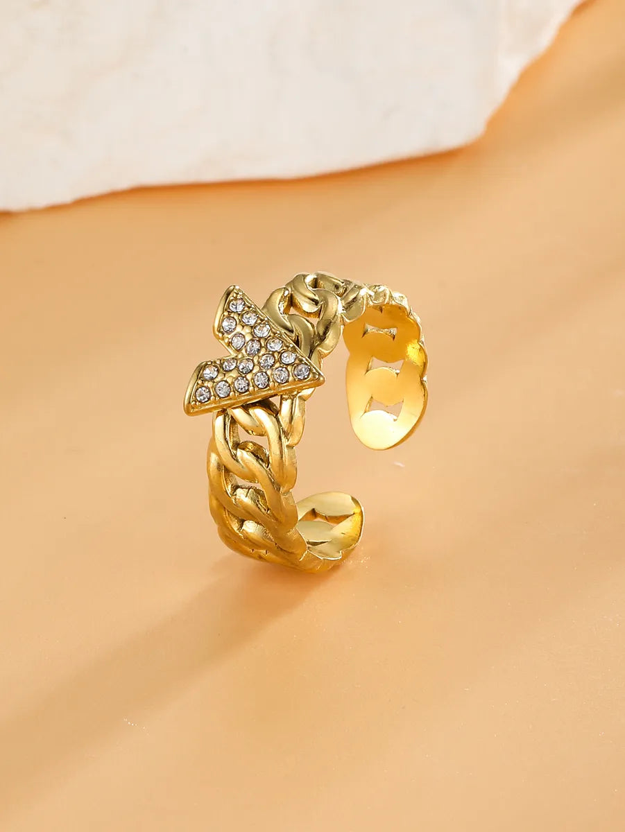 304 Stainless Steel 18K Gold Plated Simple Style Shiny Plating Inlay V Shape Zircon Open Rings