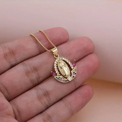 Simple Style Shiny Virgin Mary Copper Plating Inlay Zircon 18k Gold Plated Pendant Necklace