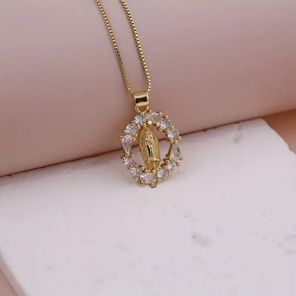 Simple Style Shiny Virgin Mary Oval Copper Plating Inlay Zircon 18k Gold Plated Pendant Necklace