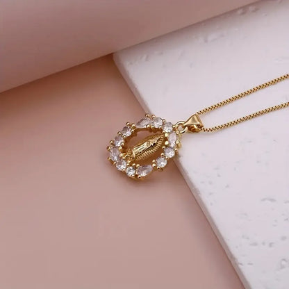 Simple Style Shiny Virgin Mary Oval Copper Plating Inlay Zircon 18k Gold Plated Pendant Necklace