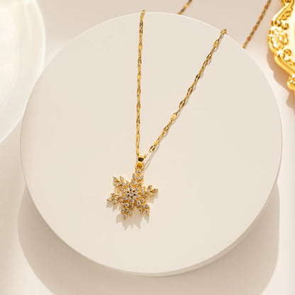 Simple Style Snowflake Stainless Steel Plating Inlay Zircon 18k Gold Plated Pendant Necklace