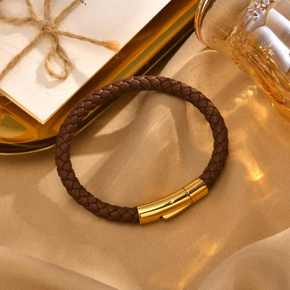 Simple Style Solid Color 18K Gold Plated Stainless Steel Pu Leather Wholesale Bangle