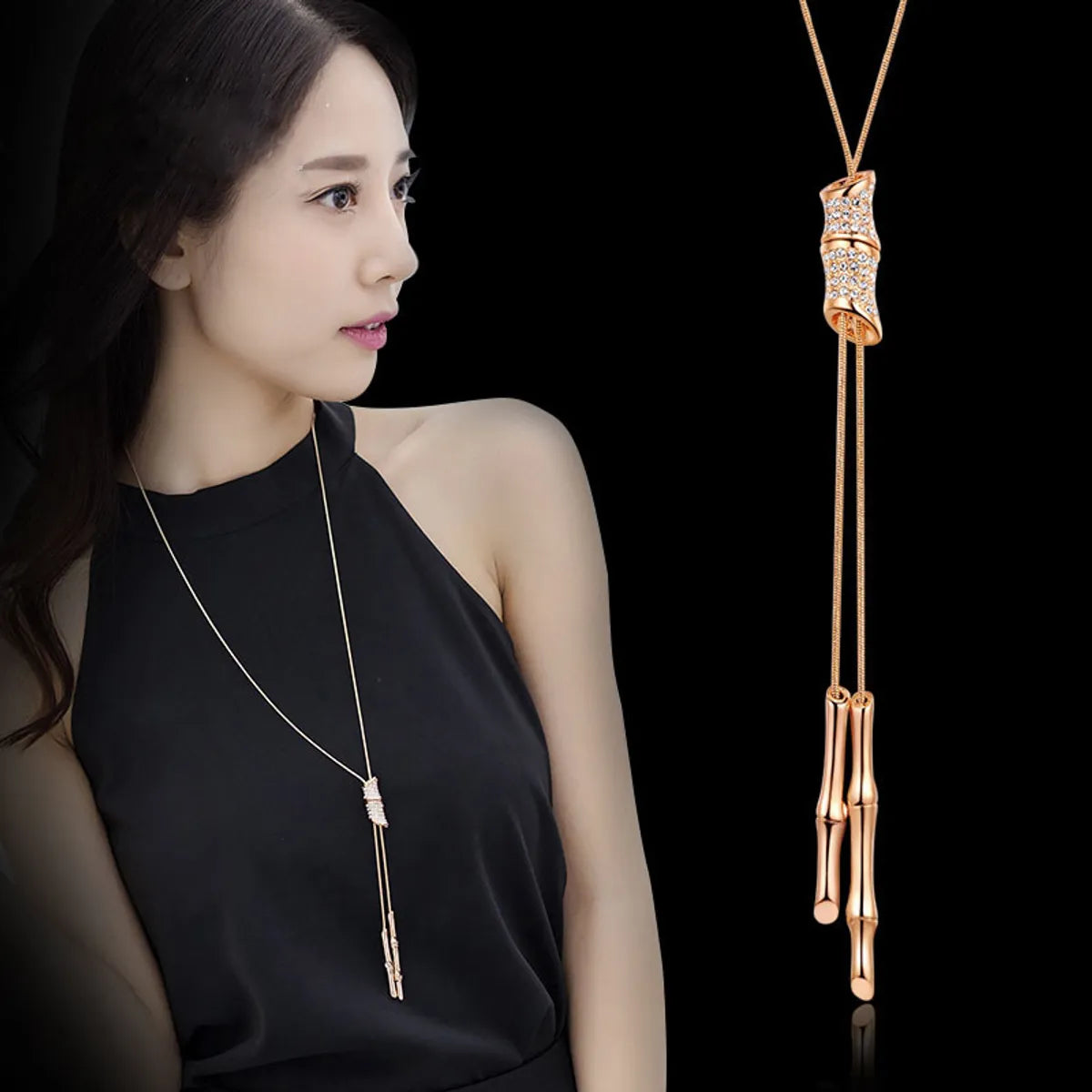 Simple Style Solid Color Alloy Glass Copper Inlay Artificial Rhinestones Women'S Sweater Chain