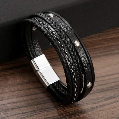 Simple Style Solid Color Pu Leather Titanium Steel Men'S Bangle