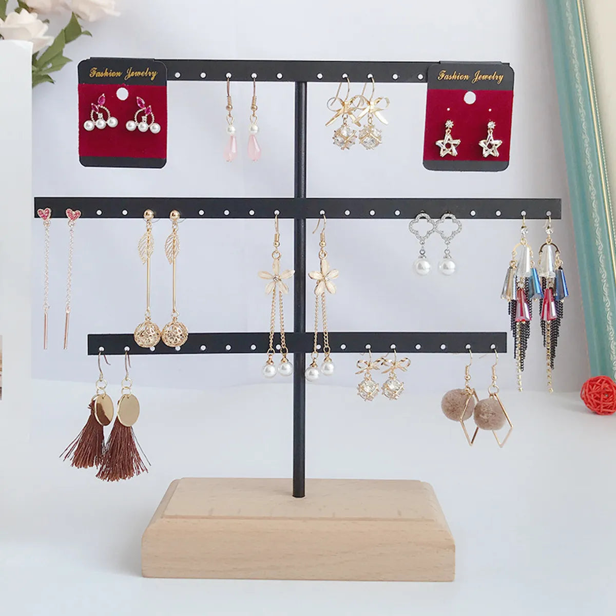 Simple Style Solid Color Solid Wood Iron Jewelry Rack