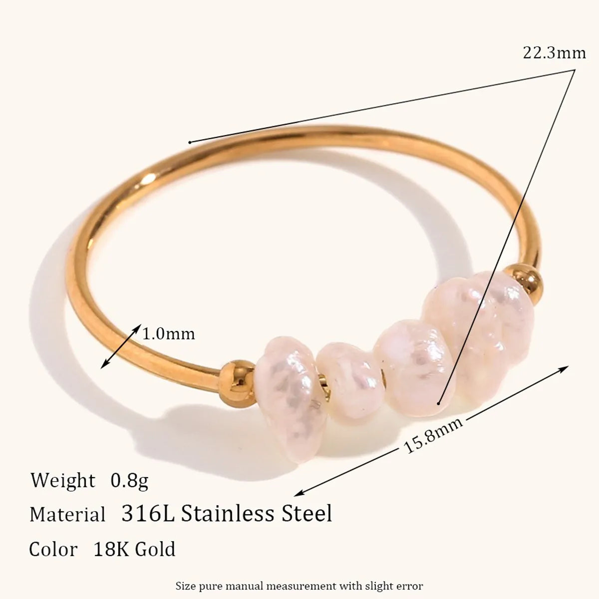 304 Stainless Steel Freshwater Pearl 18K Gold Plated Simple Style Beaded Plating Solid Color Rings