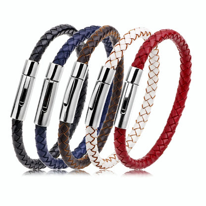 Simple Style Solid Color Stainless Steel Leather Knitting Women'S Wristband