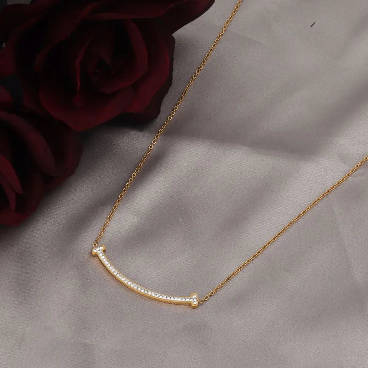 Simple Style Solid Color Stainless Steel Plating Inlay Rhinestones 18k Gold Plated Necklace