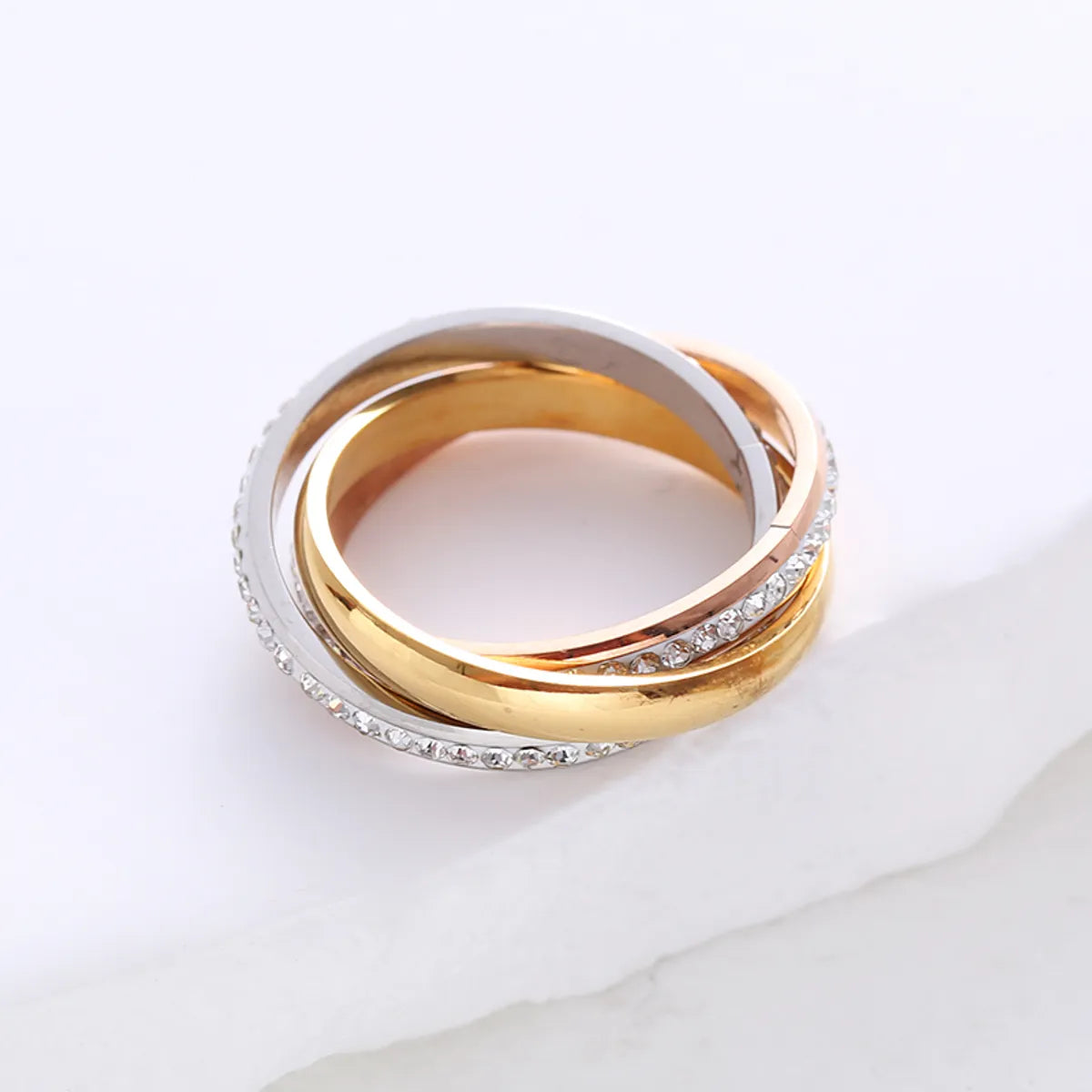 Simple Style Solid Color Stainless Steel Plating Inlay Rhinestones 24k Gold Plated Rings