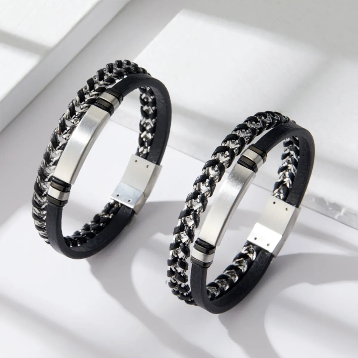 Simple Style Solid Color Stainless Steel Pu Leather Silver Plated Men'S Bracelets