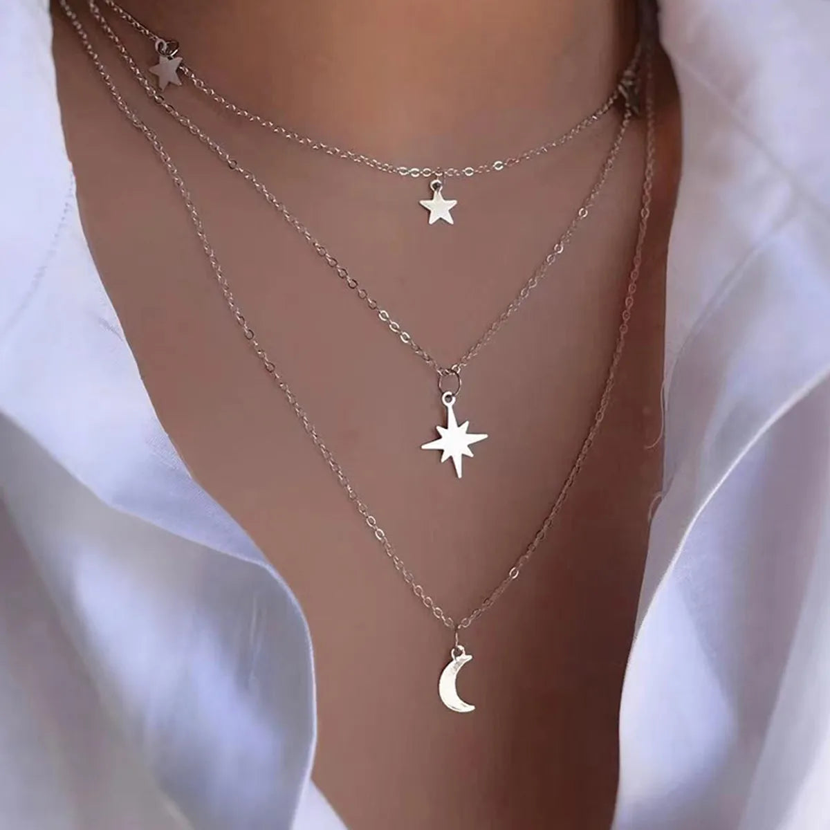 Simple Style Solid Color Star Moon Alloy Women's Three Layer Necklace