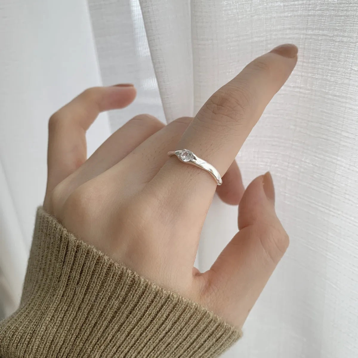 Simple Style Solid Color Sterling Silver Inlay Zircon Open Ring