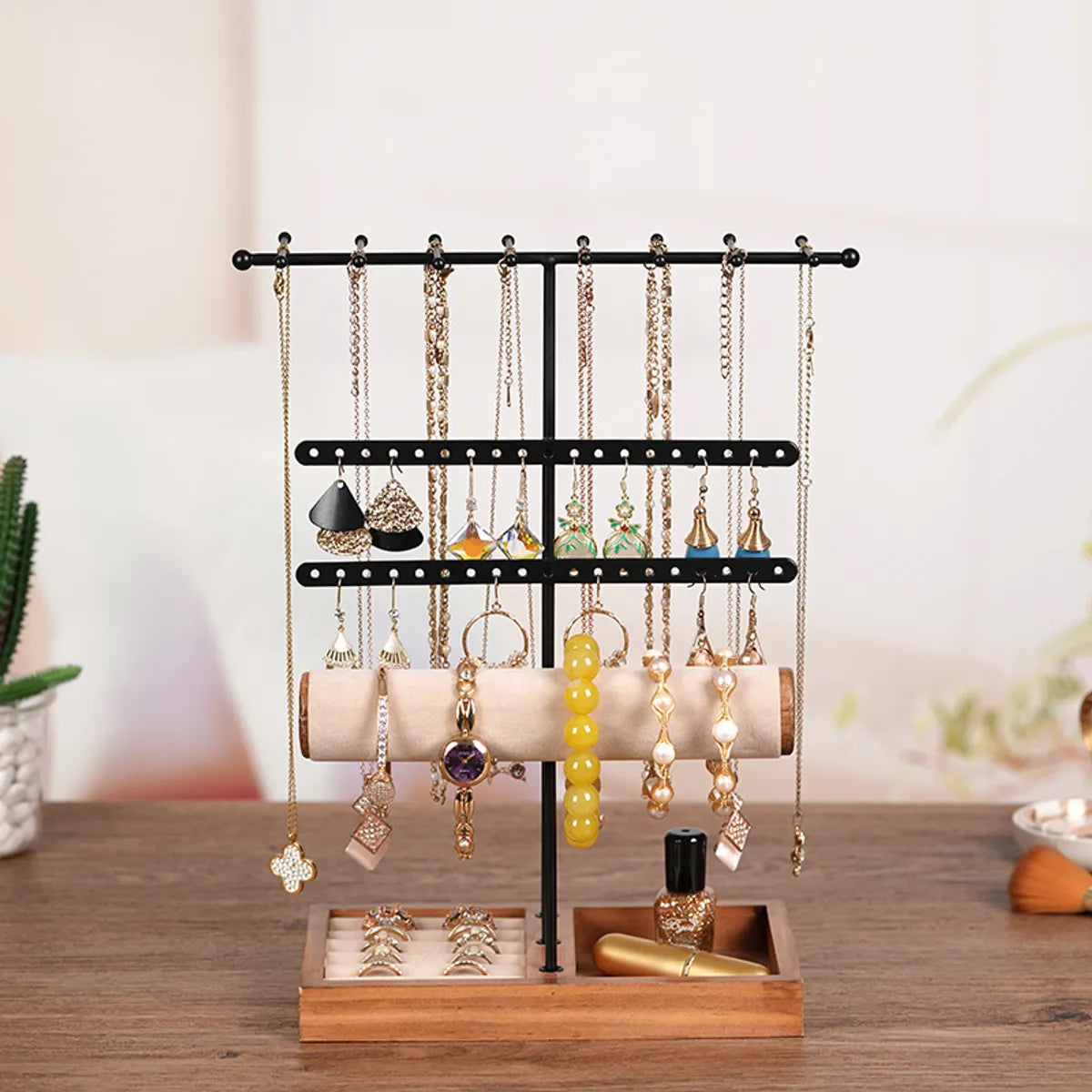 Simple Style Solid Color Wood Iron Jewelry Rack