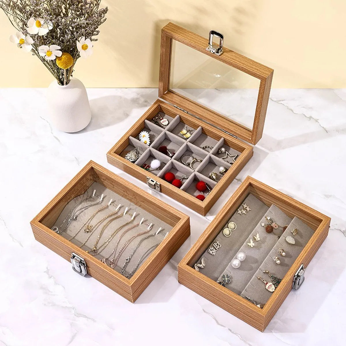 Simple Style Solid Color Wood Jewelry Boxes