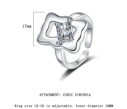 Simple Style Square Copper Asymmetrical Plating Inlay Zircon White Gold Plated Open Rings