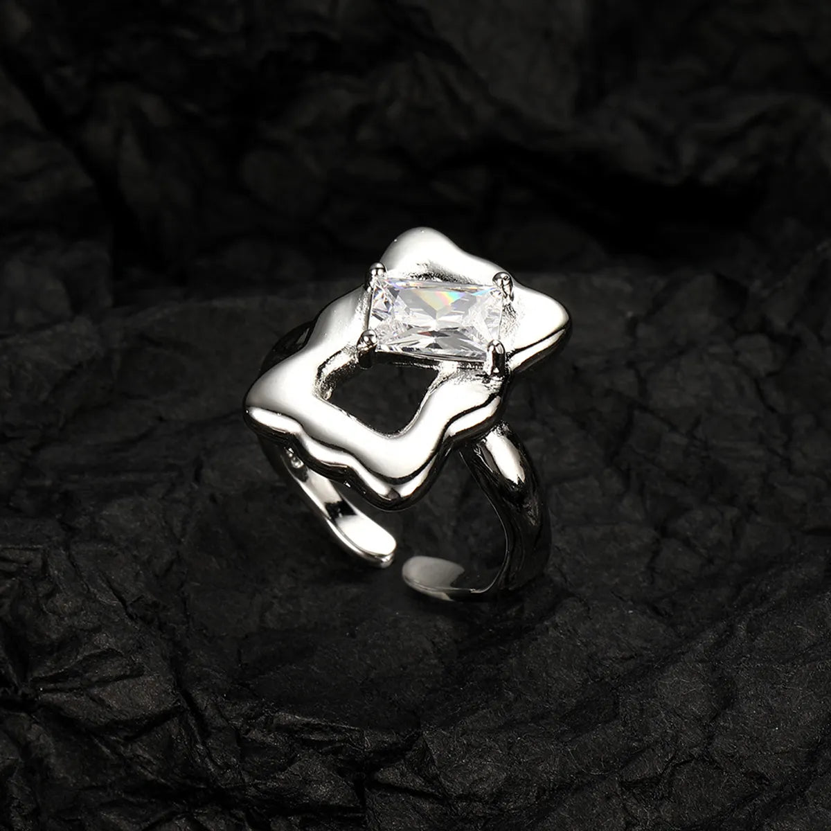 Simple Style Square Copper Asymmetrical Plating Inlay Zircon White Gold Plated Open Rings