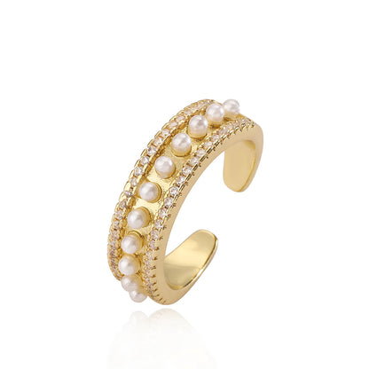 Simple Style Square Copper 18k Gold Plated Artificial Pearls Zircon Open Rings In Bulk