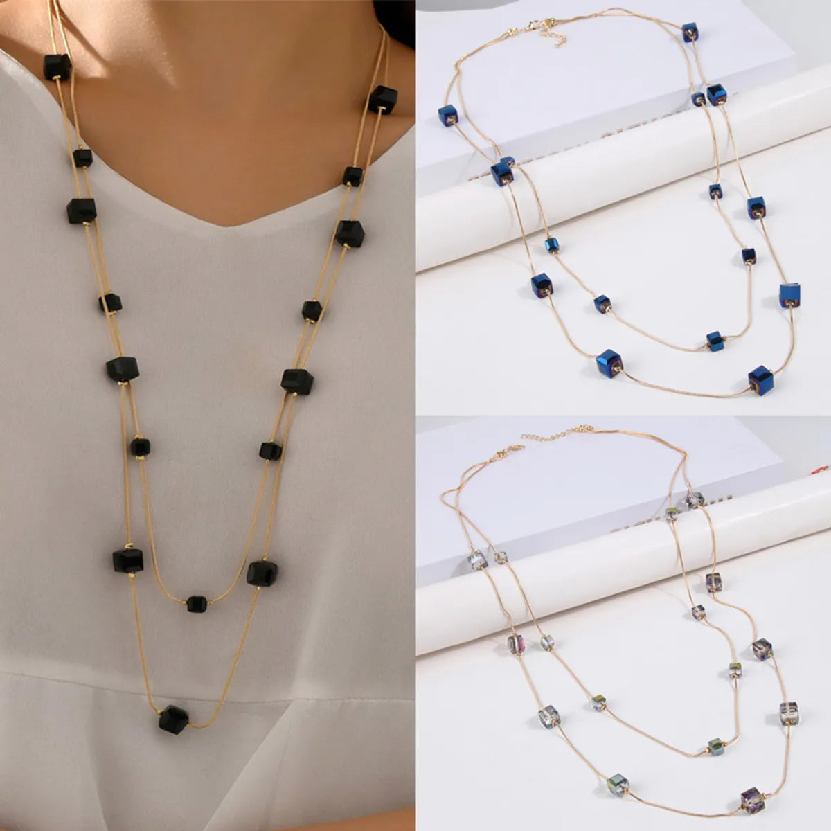 Simple Style Square Glass Ferroalloy Women's Layered Necklaces