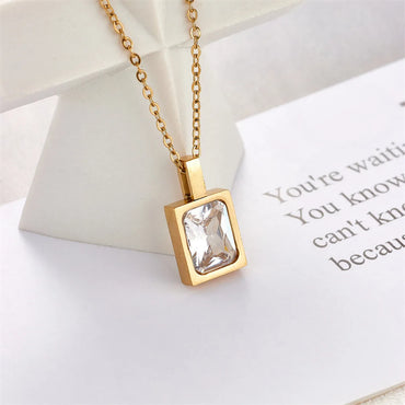 Simple Style Square Inlaid Emerald Zircon Stainless Steel Pendant Necklace