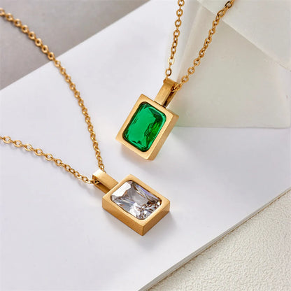 Simple Style Square Inlaid Emerald Zircon Stainless Steel Pendant Necklace