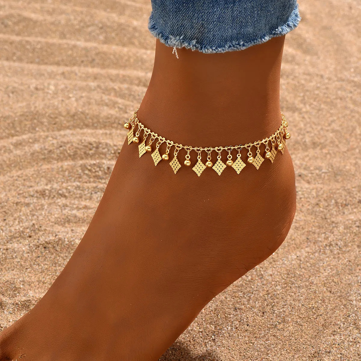 Simple Style Square Solid Color Rhombus 18k Gold Plated Copper Wholesale Anklet