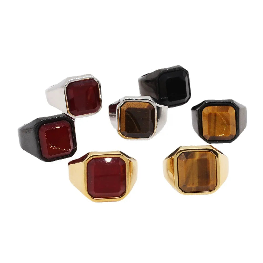 Simple Style Square Titanium Steel Inlay Artificial Gemstones Men'S Rings