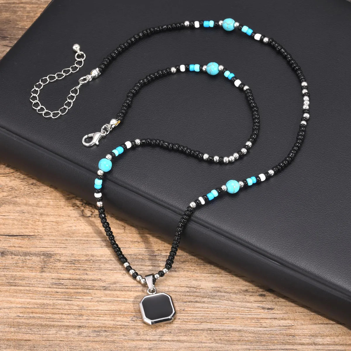 Simple Style Square Turquoise 304 Stainless Steel Seed Bead Wholesale Pendant Necklace