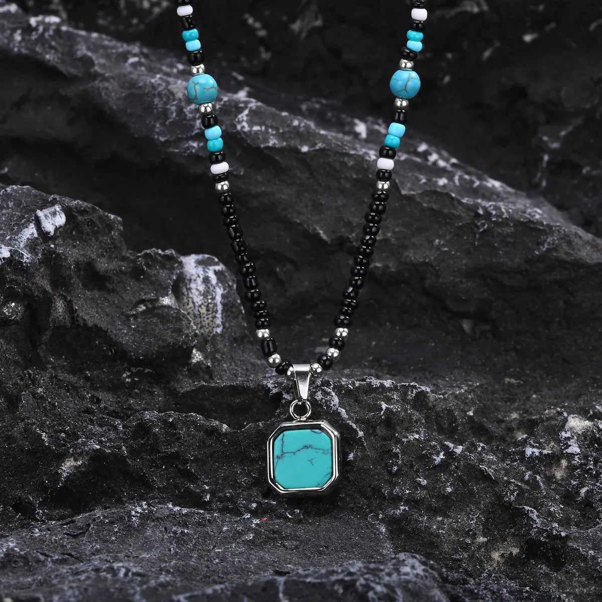 Simple Style Square Turquoise 304 Stainless Steel Seed Bead Wholesale Pendant Necklace