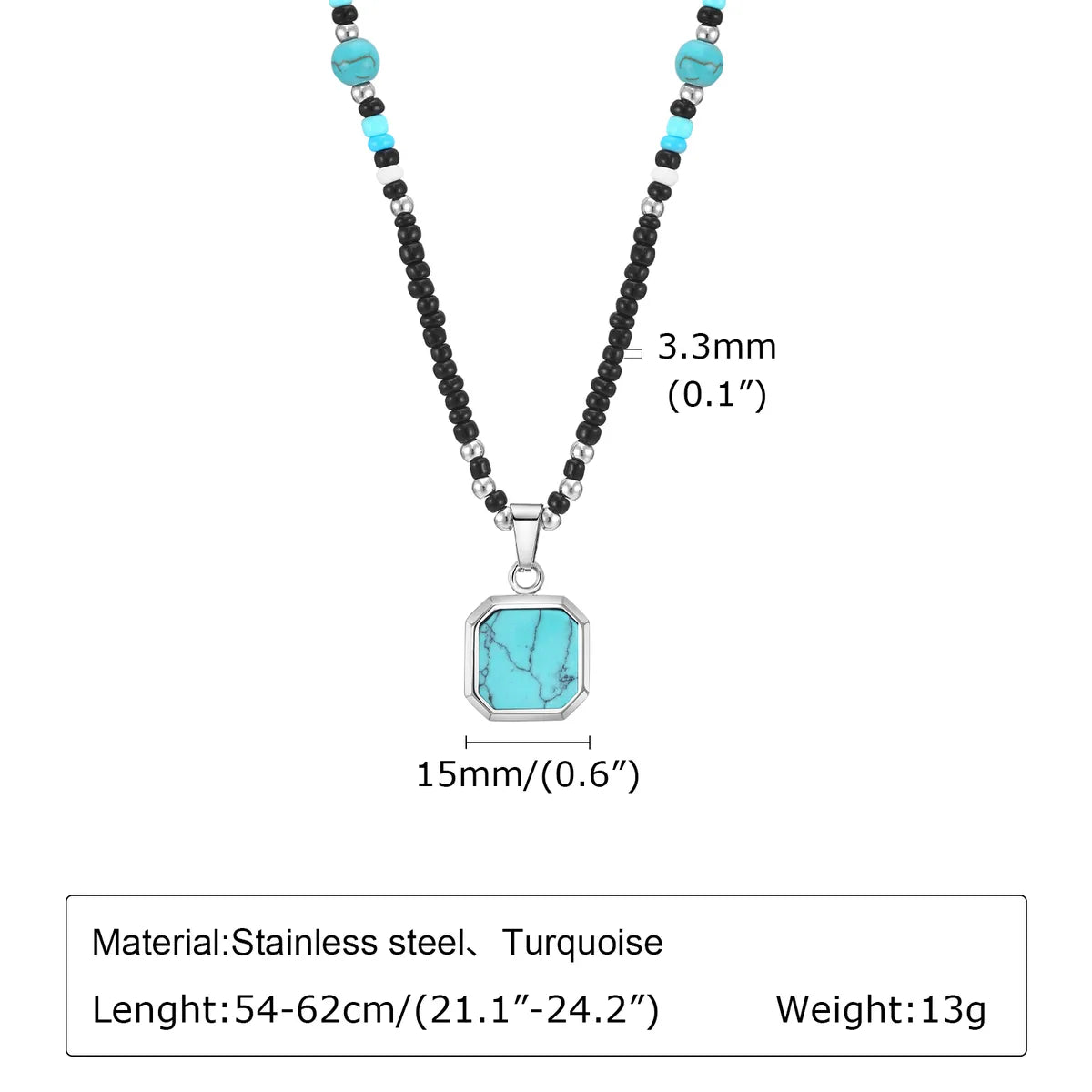 Simple Style Square Turquoise 304 Stainless Steel Seed Bead Wholesale Pendant Necklace