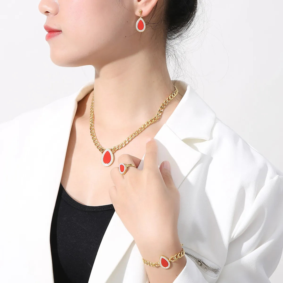 Wholesale Simple Style Square Water Droplets Stainless Steel Plating Inlay 18k Gold Plated Zircon Jewelry Set